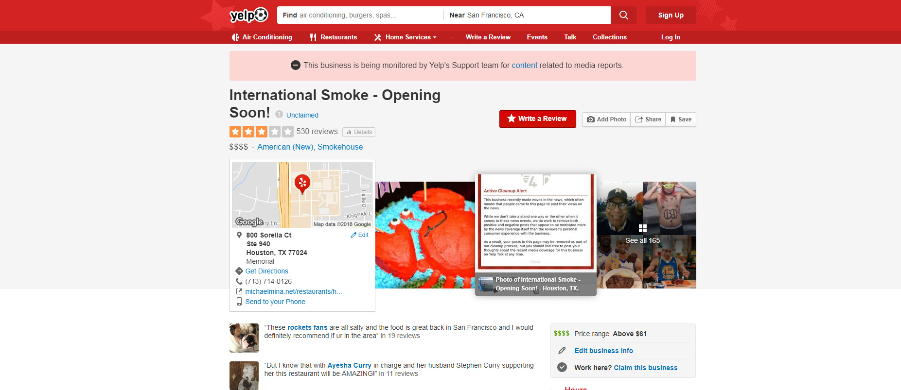 PHOTO: The Yelp review for Ayesha Curry''s restaurant in Houston, Texas.