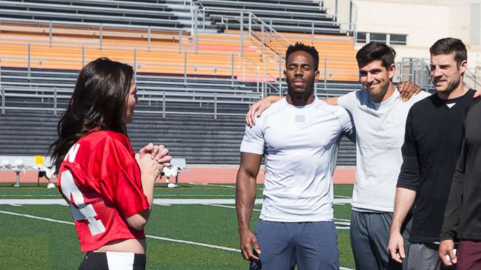 PHOTO: The bachelorette suitors meet Becca Kufrin at a football field to run drills with professional Legends Football League stars and then play a lively game, on "The Bachelorette," June 11, 2018, on The ABC Television Network.