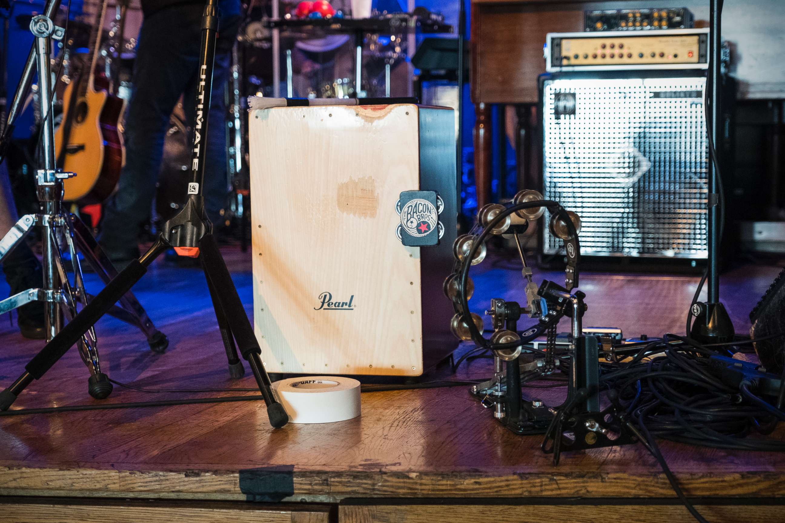 PHOTO: The Bacon Brothers instruments are set up for their sound check ahead of their sold out show at City Winery in New York City, on August 22.
