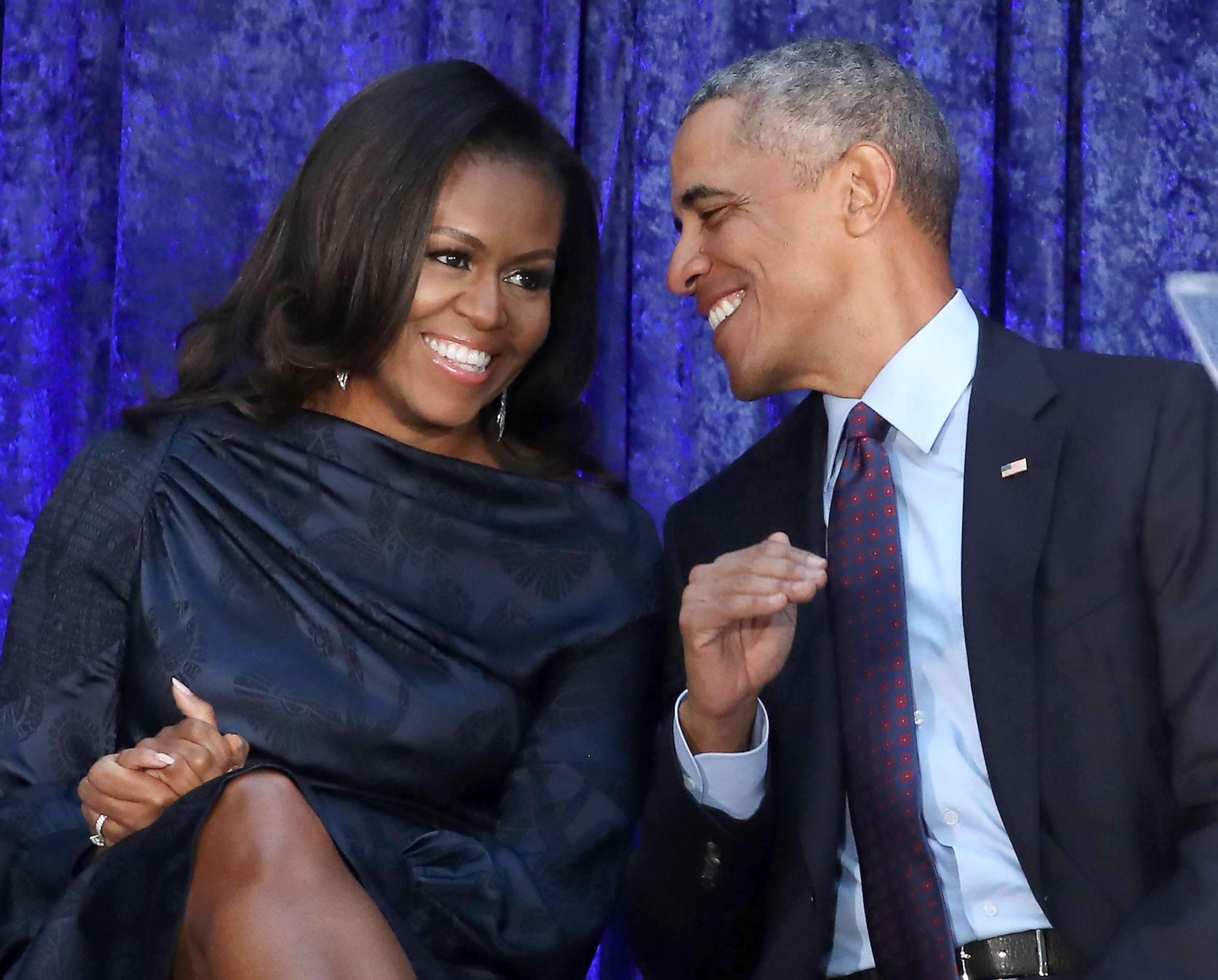 PHOTO: Former U.S. President Barack Obama and first lady Michelle Obama participate in the unveiling of their official portraits during a ceremony at the Smithsonian's National Portrait Gallery, Feb. 12, 2018, in Washington, DC.