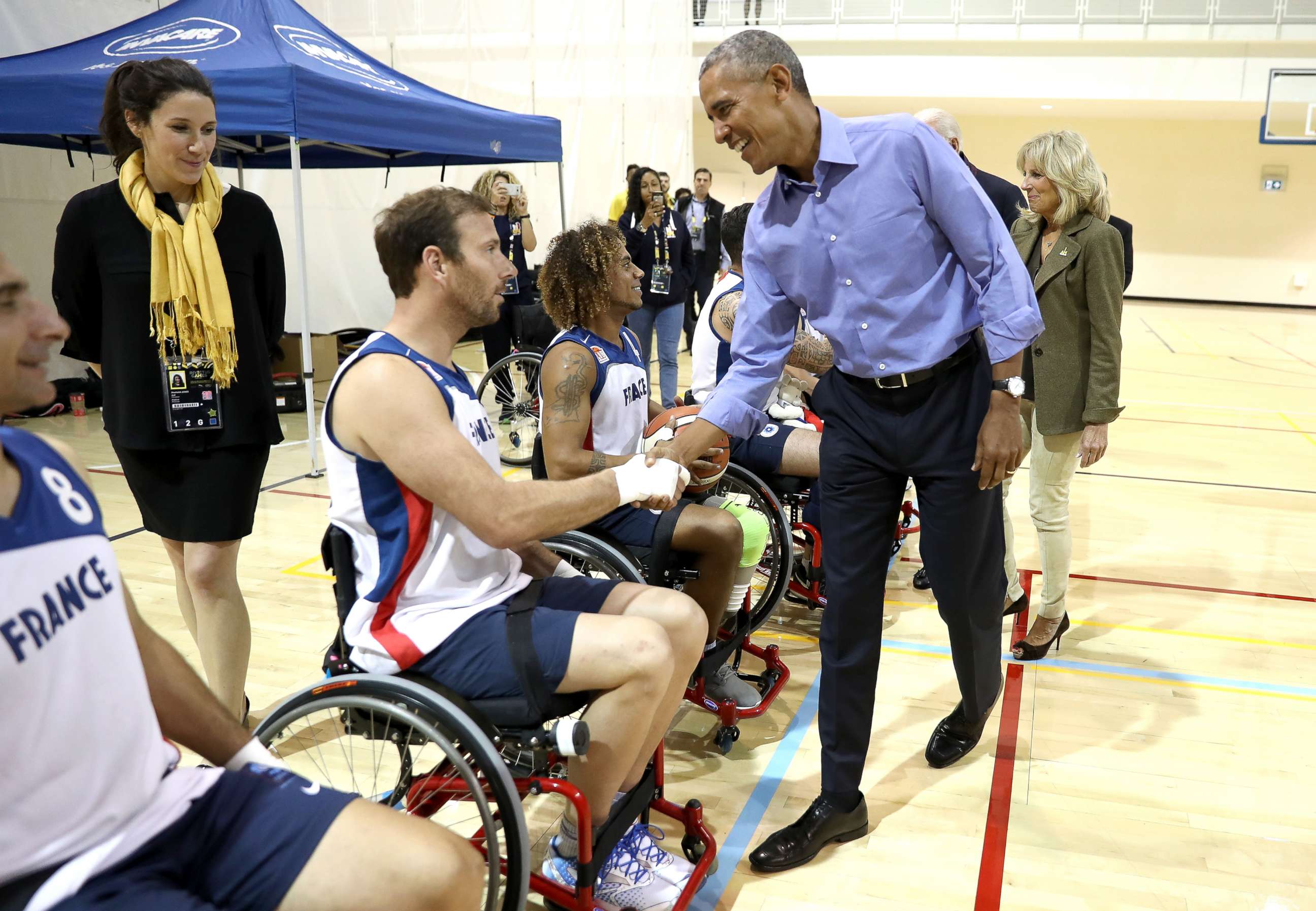 PHOTO: Former President Barack Obama greets competitors from Team France on day 7 of the Invictus Games 2017, Sept. 29, 2017 in Toronto.