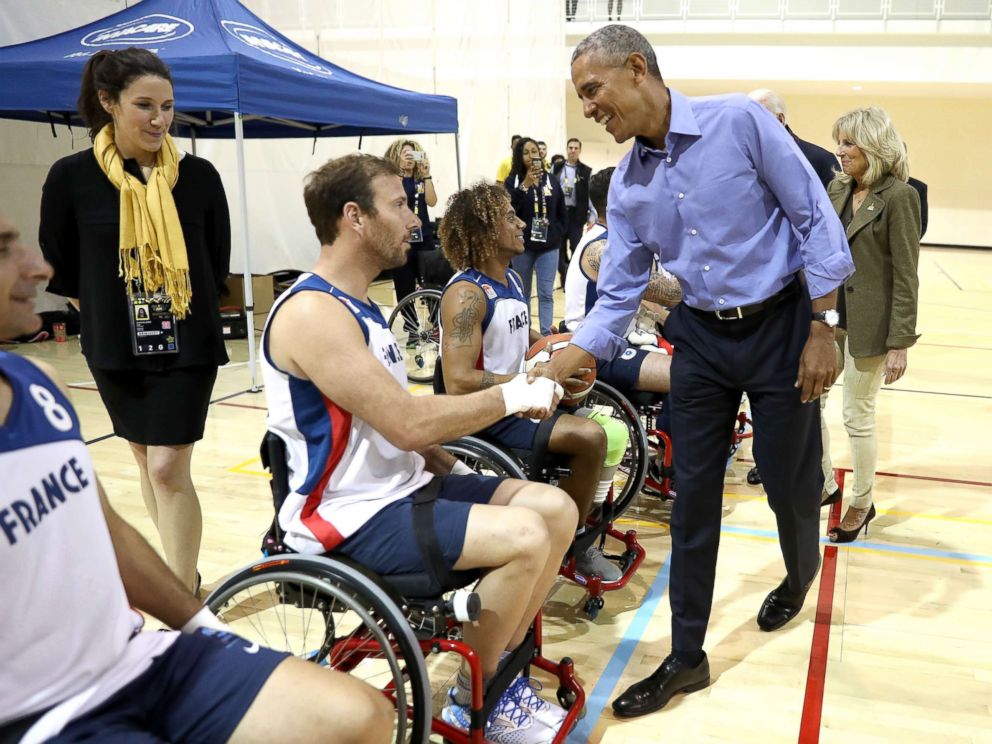 PHOTO: Former President Barack Obama greets competitors from Team France on day 7 of the Invictus Games 2017, Sept. 29, 2017 in Toronto.