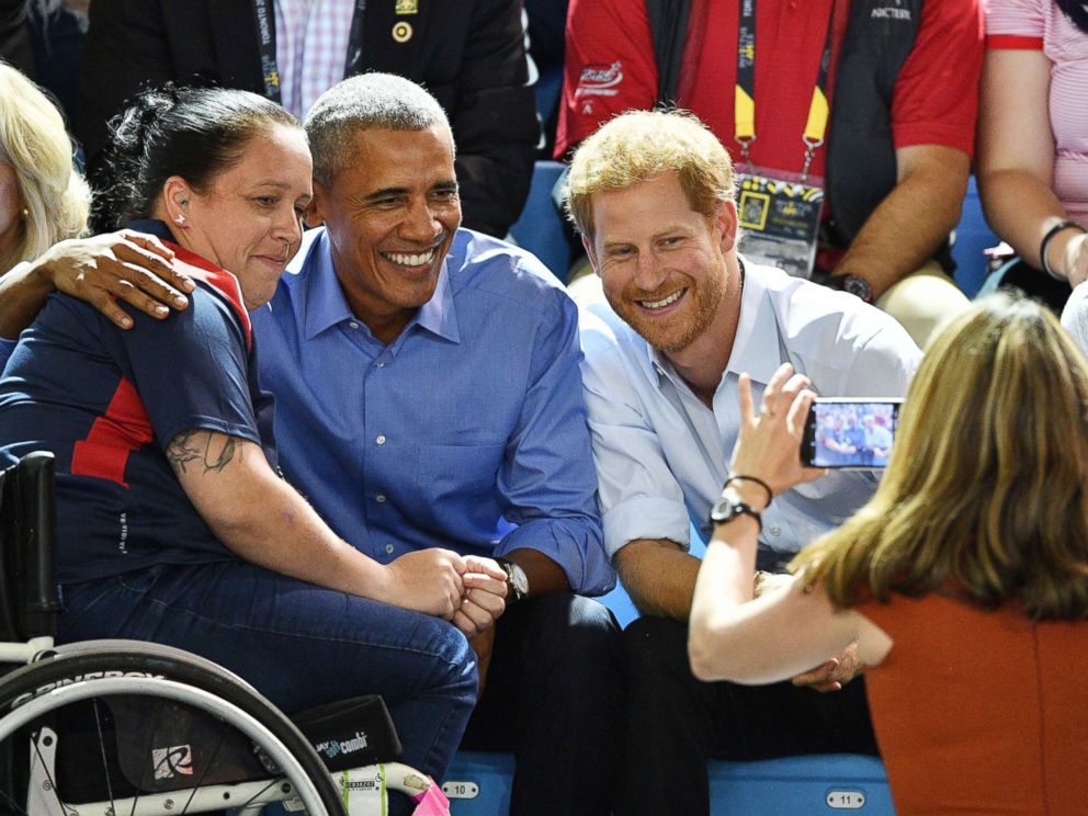 PHOTO: Prince Harry and former President Barack Obama pose for a picture while watching wheelchair basketball at the Invictus Games at the Pan Am sports Center in Toronto, Sept. 29, 2017.