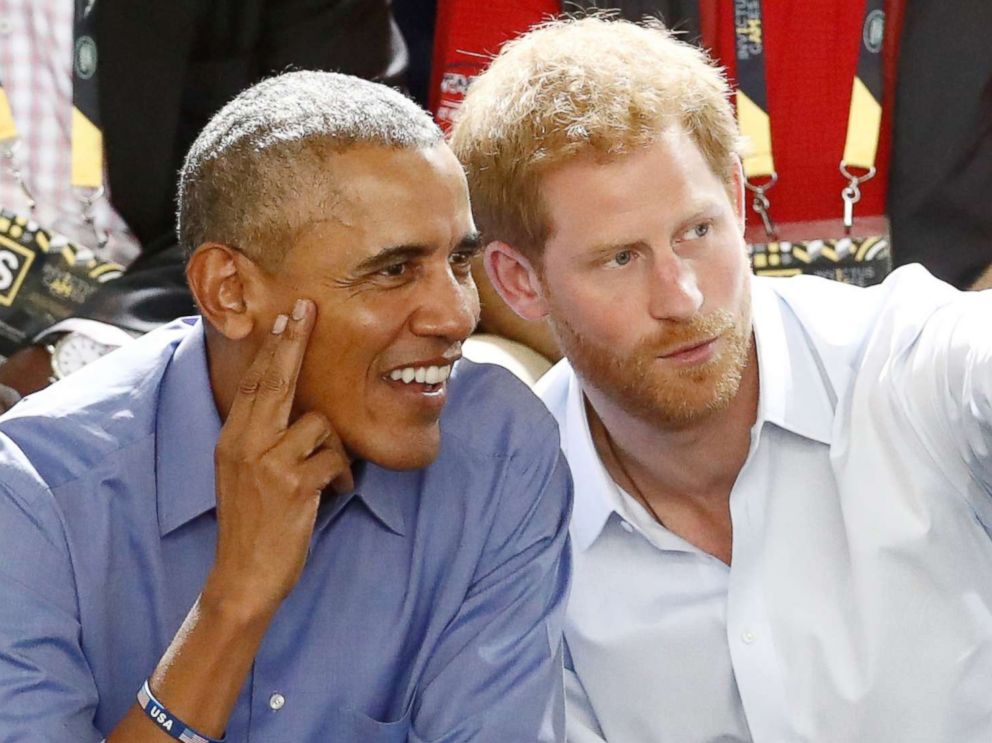 PHOTO: Britain's Prince Harry (R) gestures while watching a wheelchair basketball event with former President Barack Obama at the Invictus Games in Toronto, Sept. 29, 2017.