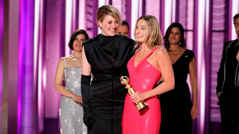 PHOTO: Greta Gerwig and Margot Robbie at the 81st Annual Golden Globe Awards, in Beverly Hills, January 7, 2024.