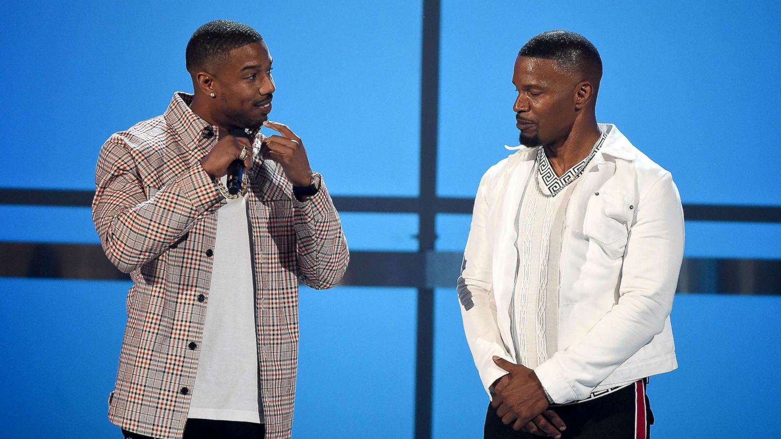 PHOTO: Michael B. Jordan and Jamie Foxx perform at the BET Awards, Show, Los Angeles, June 24, 2018.