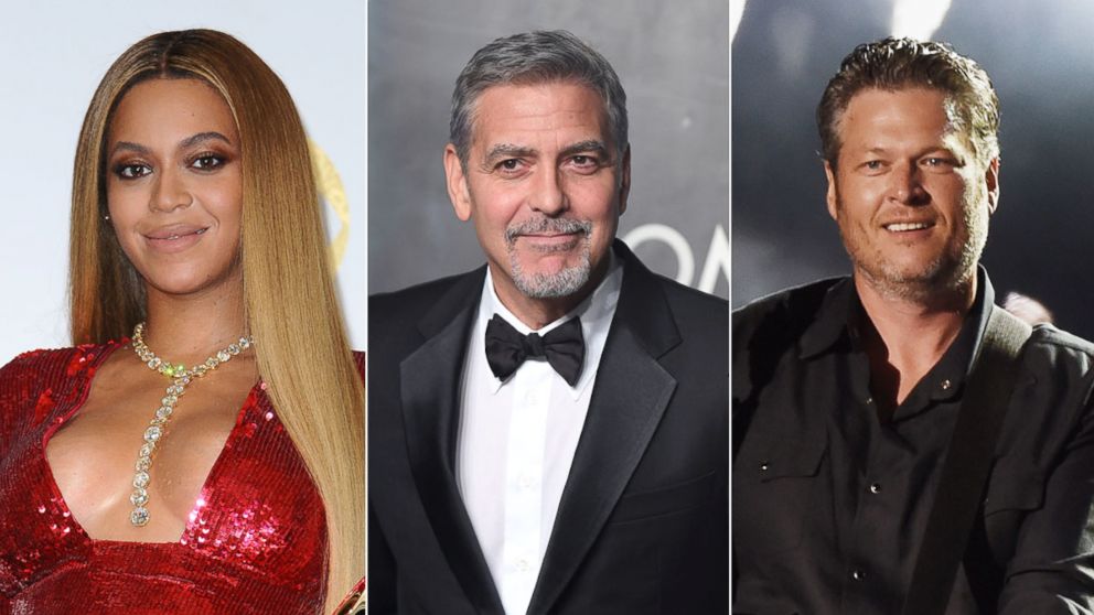 Beyonce poses in the press room at the 59th GRAMMY Awards at Staples Center, Feb. 12, 2017, in Los Angeles | George Clooney attends the Lost In Space event to celebrate the 60th anniversary of the OMEGA Speedmaster at the Tate Modern, April 26, 2017, in London | Singer/songwriter Blake Shelton performs during Happy Valley Jam 2017 in Beaver Stadium on the campus of Penn State University, July 8, 2017, in State College, Penn.