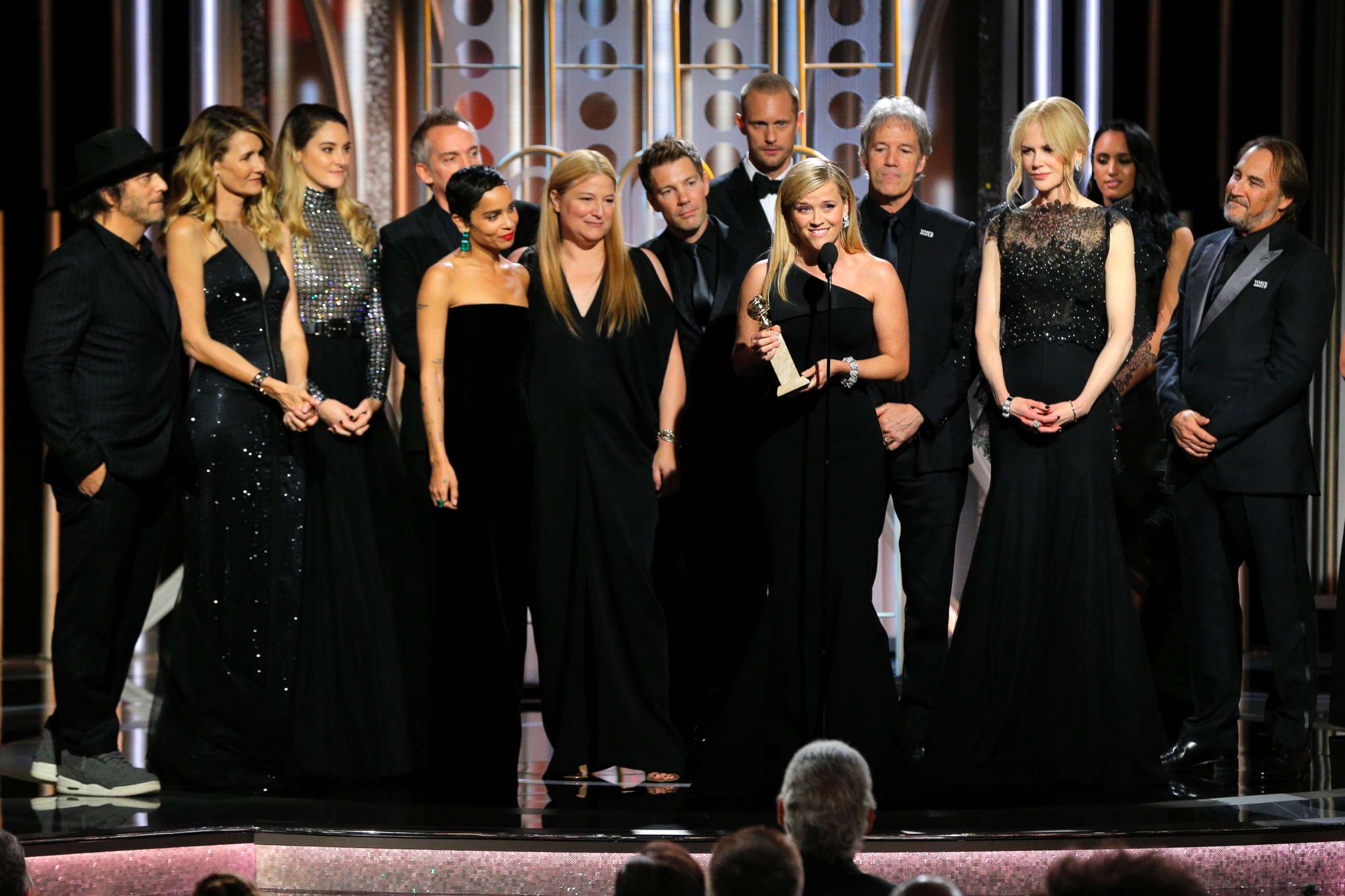 PHOTO: Reese Witherspoon, with the cast and crew of "Big Little Lies," accepts the award for best limited series or motion picture made for TV at the 75th Annual Golden Globe Awards in Beverly Hills, Calif., Jan. 7, 2018. 