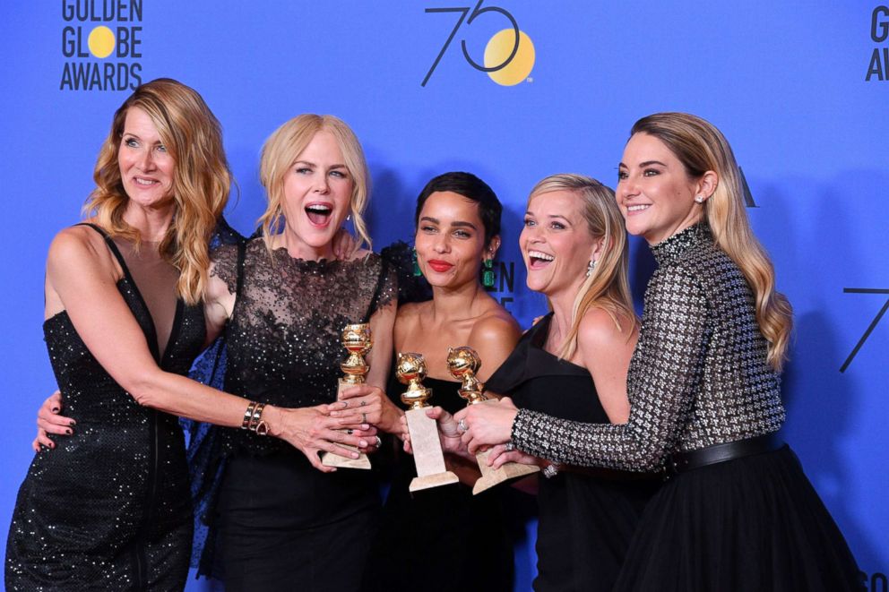 PHOTO: Laura Dern, Nicole Kidman, Zoe Kravitz, Reese Witherspoon and Shailene Woodley of "Big Little Lies," pose in the press room during the 75th annual Golden Globe Awards at the Beverly Hilton Hotel, Jan. 7, 2018, in Beverly Hills, Calif.