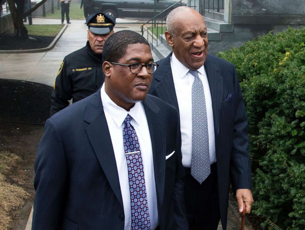 PHOTO: Bill Cosby, right, arrives for his sexual assault case spokesperson Andrew Wyatt, center, at the Montgomery County Courthouse, April 4, 2018, in Norristown, PA.