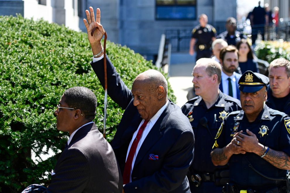 PHOTO: Bill Cosby gestures as he leaves his sexual assault trial at the Montgomery County Courthouse, April 26, 2018, in Norristown, Pa.
