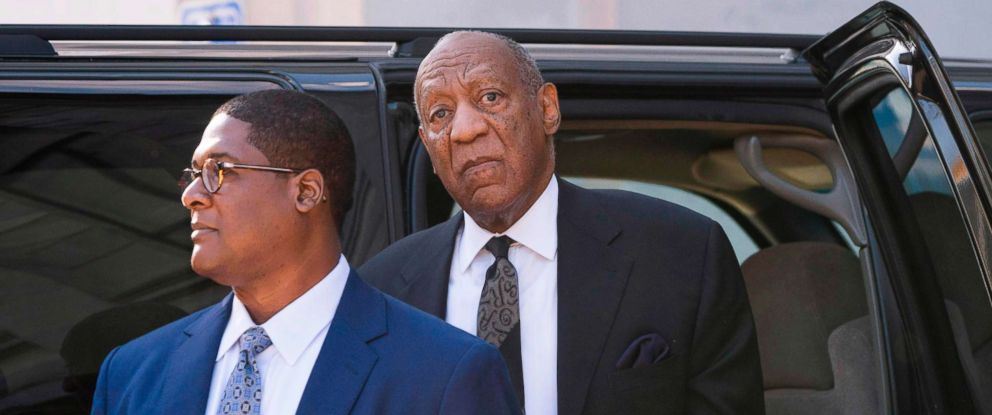 PHOTO: Bill Cosby pauses to listen to a heckler, as he arrives at the Montgomery County Courthouse March 6, 2018 in Norristown, Pa.