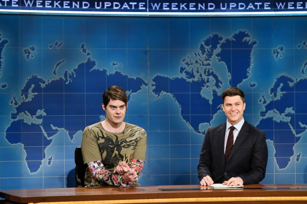 PHOTO: Bill Hader, left, as Stefon with Colin Jost during the "Weekend Update" sketch of "Saturday Night Live," March 17, 2018.