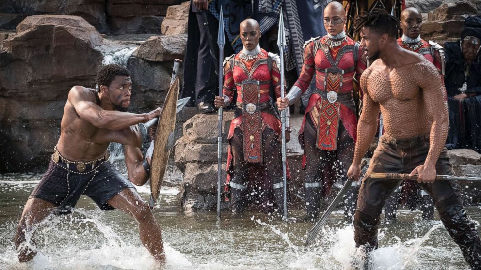 PHOTO: Chadwick Boseman and Michael B. Jordan in a scene from the movie Black Panther.