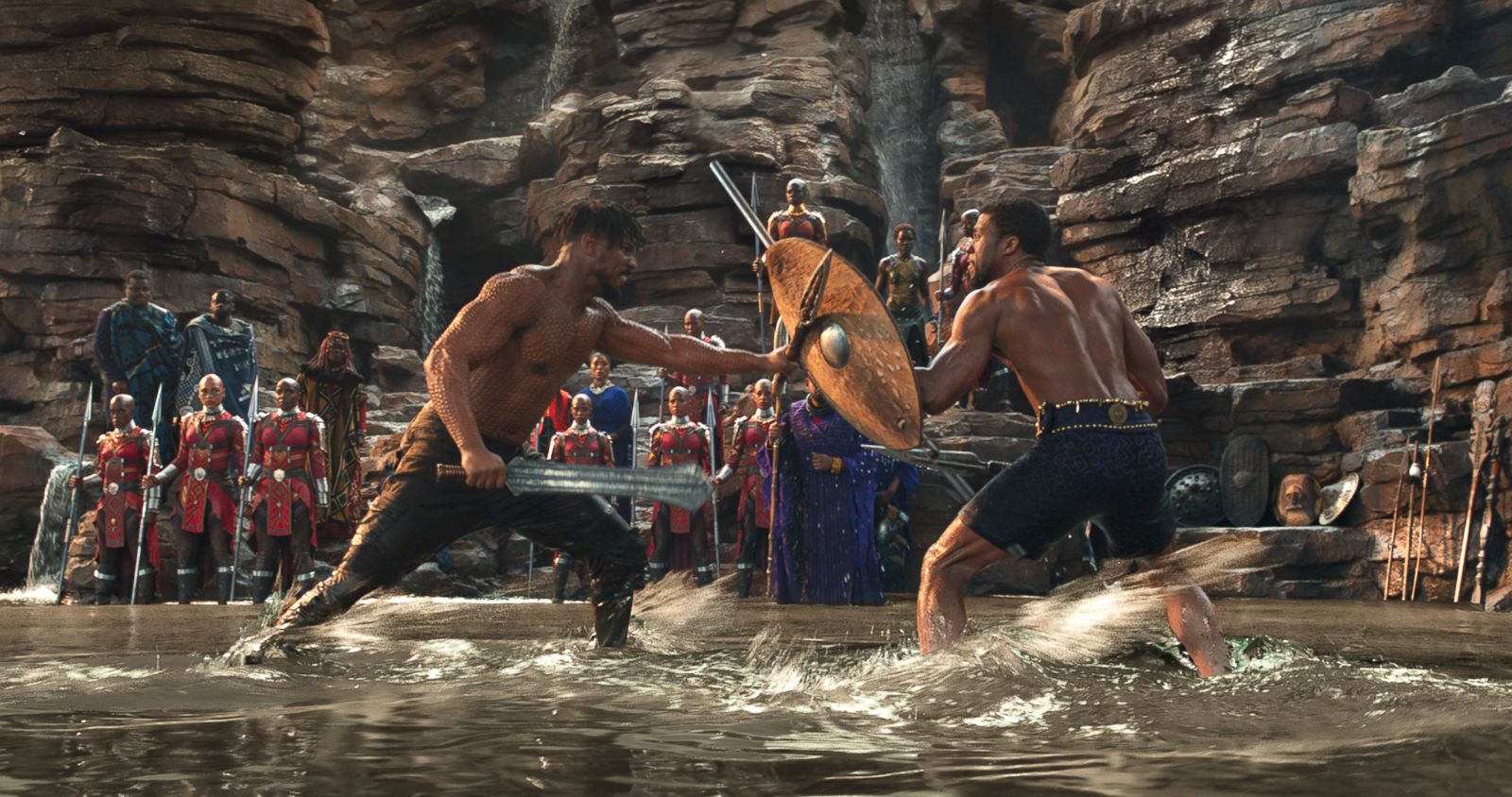 PHOTO: Erik Killmonger (Michael B. Jordan) and Black Panther (Chadwick Boseman) engage in a fighting match In a scene from the "Black Panther."