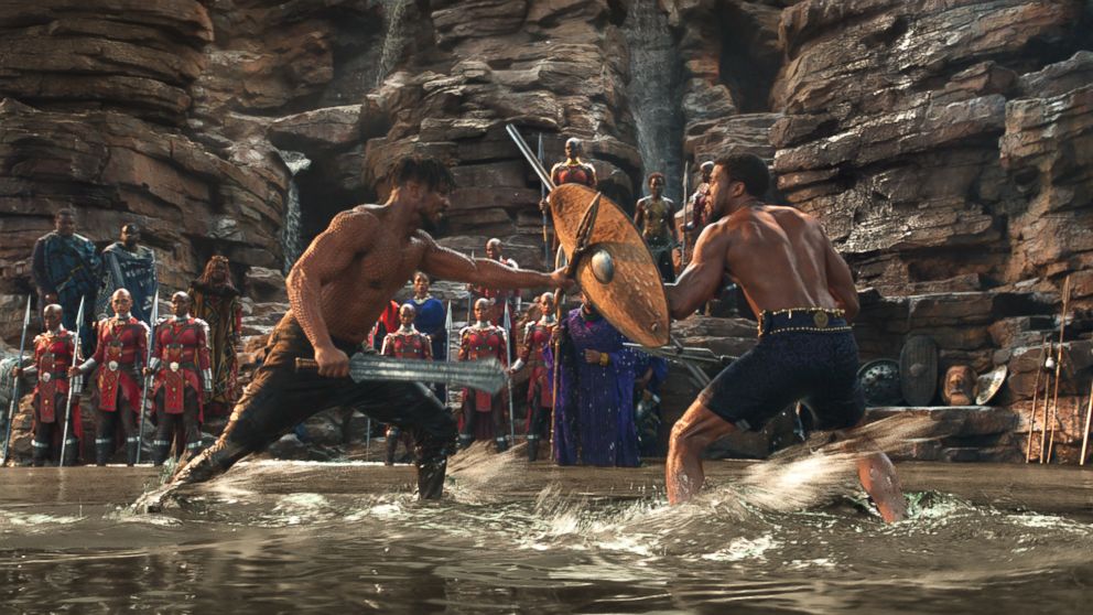 PHOTO: In a scene from the "Black Panther," 2018, Erik Killmonger (Michael B. Jordan) and Black Panther (Chadwick Boseman) engage in a fighting match. 