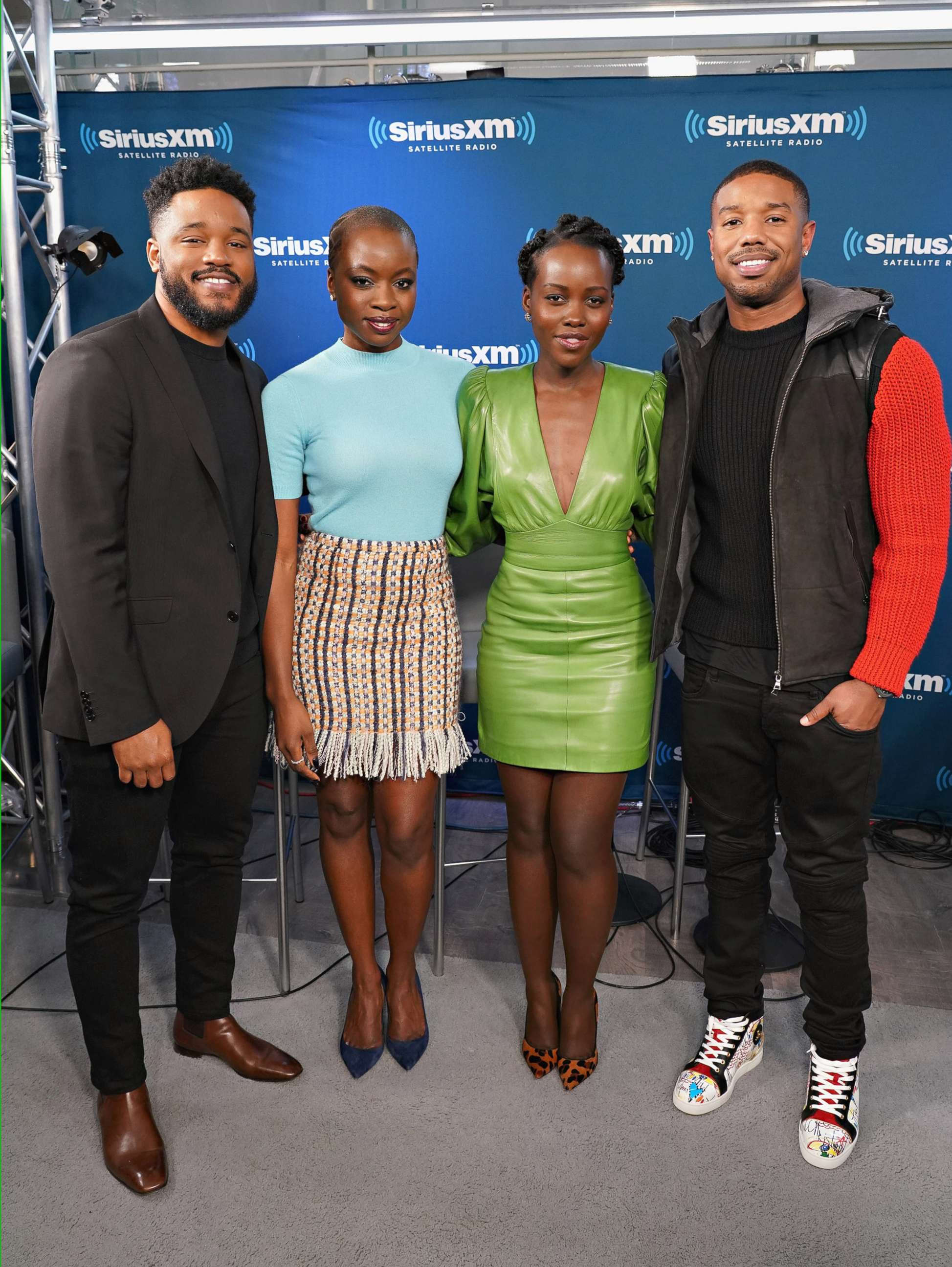 PHOTO: Director Ryan Coogler and actors Danai Gurira, Lupita Nyong'o and Michael B. Jordan take part in SiriusXM's Town Hall with the cast of Black Panther hosted by SiriusXM's Sway Calloway, Feb. 13, 2018 in New York City.