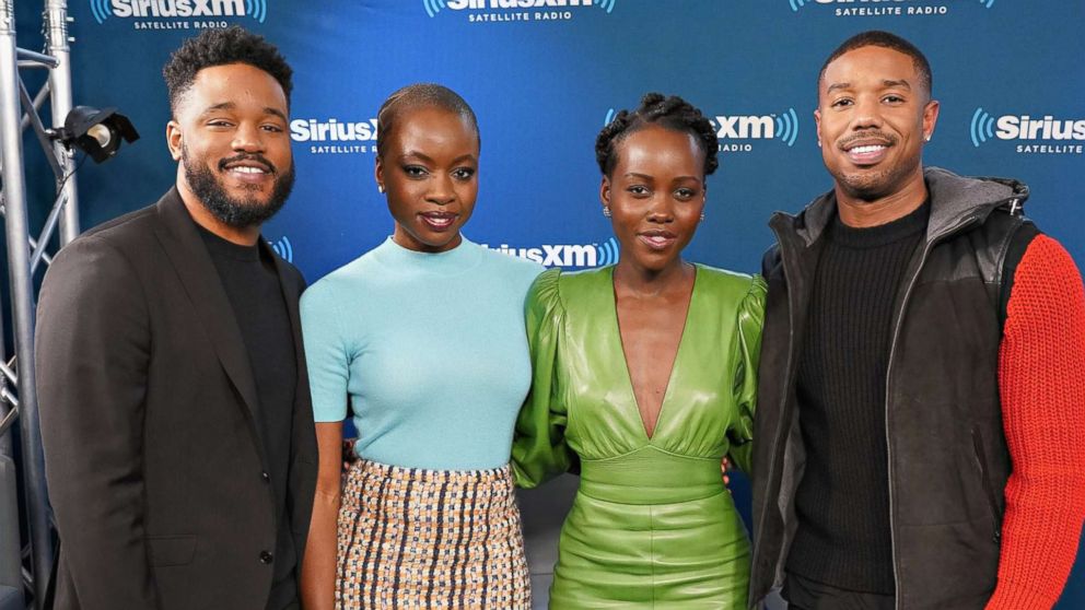 PHOTO: Director Ryan Coogler and actors Danai Gurira, Lupita Nyong'o and Michael B. Jordan take part in SiriusXM's Town Hall with the cast of Black Panther hosted by SiriusXM's Sway Calloway, Feb. 13, 2018 in New York City.