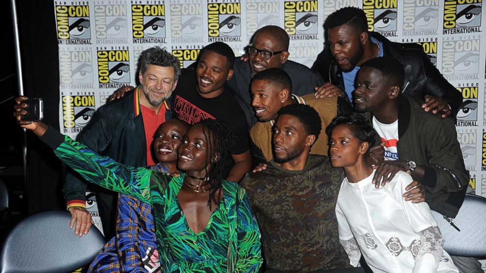 PHOTO: Forest Whitaker, Andy Serkis, Chadwick Boseman, Danai Gurira, Lupita Nyong'o, Daniel Kaluuya, Ryan Coogler, Letitia Wright, and Winston Duke at an event for "Black Panther," 2018.