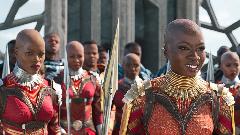 PHOTO: Florence Kasumba and Danai Gurira in a scene from "Black Panther," 2018.