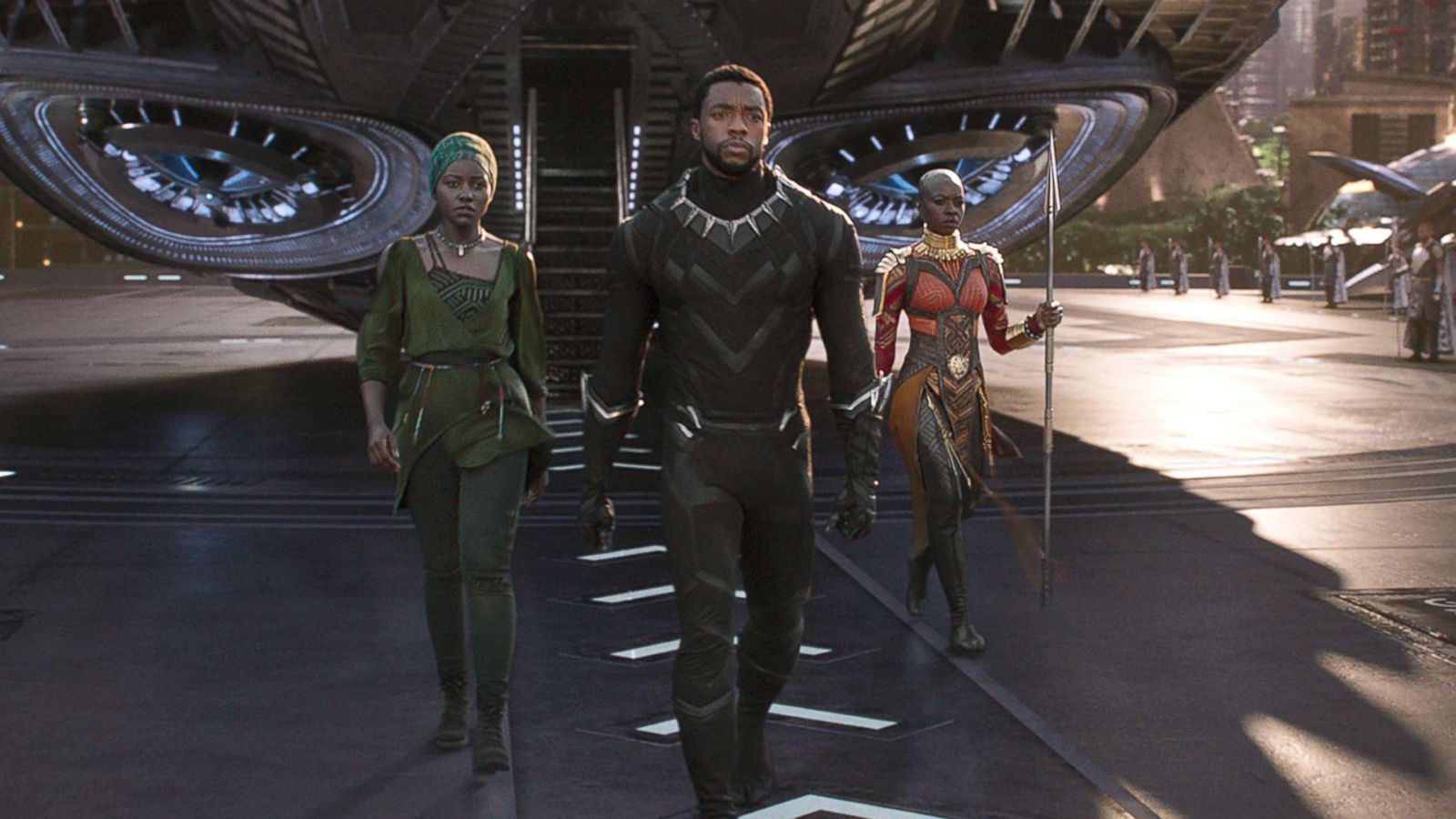 PHOTO: Lupita Nyong'o, Chadwick Boseman and Danai Gurira in a scene from the movie "Black Panther."