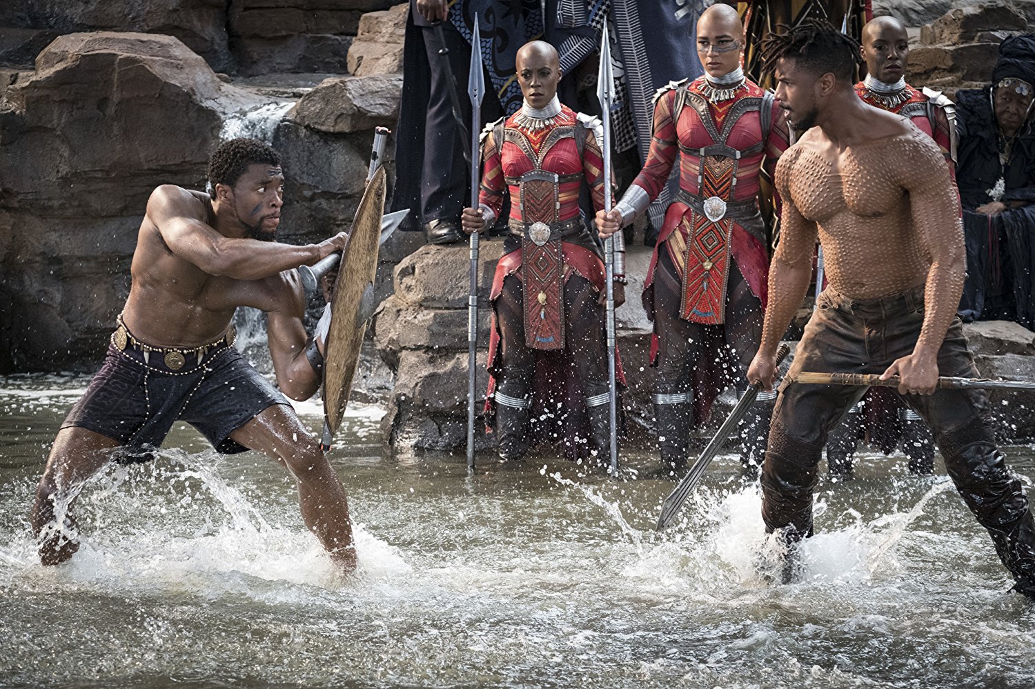 PHOTO: Chadwick Boseman and Michael B. Jordan appear in a scene from "Black Panther."