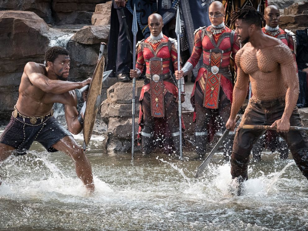 PHOTO: Chadwick Boseman and Michael B. Jordan in a scene from "Black Panther," 2018.