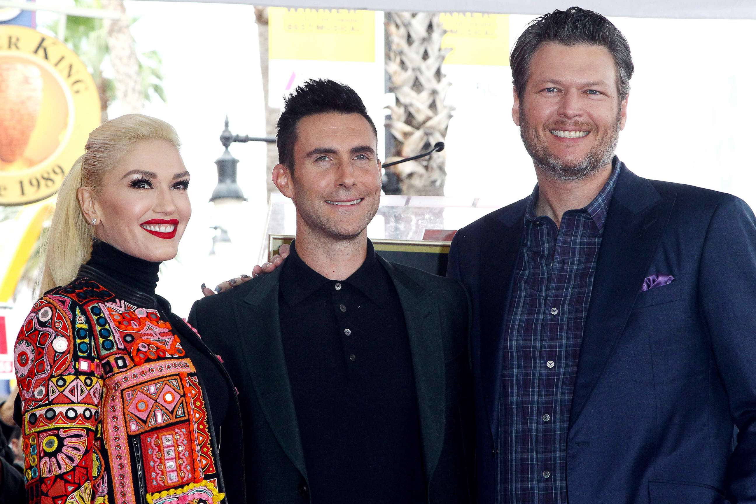 PHOTO: Gwen Stefani, Adam Levine and Blake Shelton attend a ceremony honoring Adam Levine with Star On The Hollywood Walk Of Fame on Feb. 10, 2017, in Hollywood, Calif.  
