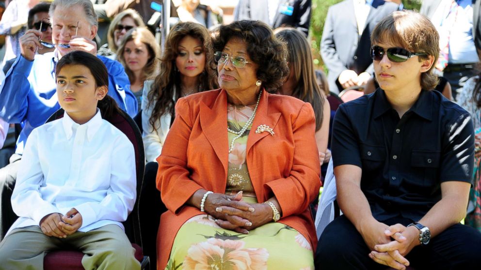 Michael Jackson's mother Katherine Jackson and two sons, Blanket, left, and Prince attend a ceremony honoring Michael Jackson at Childrens Hospital in Los Angeles, Aug. 8, 2011.
