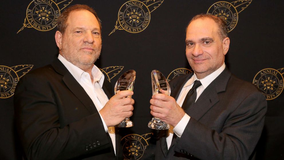 PHOTO: Harvey Weinstein and Bob Weinstein pose with the Motion Picture Showmanship Award backstage at the 52nd Annual ICG Publicists Awards at The Beverly Hilton Hotel, Feb. 20, 2015, in Beverly Hills, Calif.