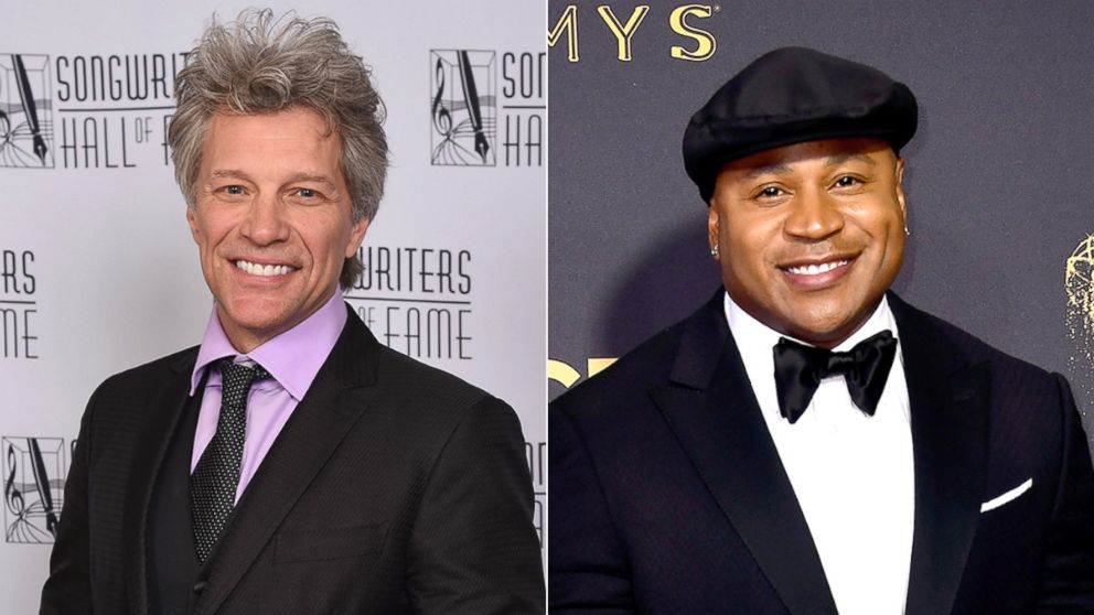 Jon Bon Jovi poses backstage at the Songwriters Hall Of Fame 48th Annual Induction and Awards at New York Marriott Marquis Hotel, June 15, 2017, in New York City | LL Cool J attends the 69th Annual Primetime Emmy Awards at Microsoft Theater, Sept. 17, 2017, in Los Angeles.