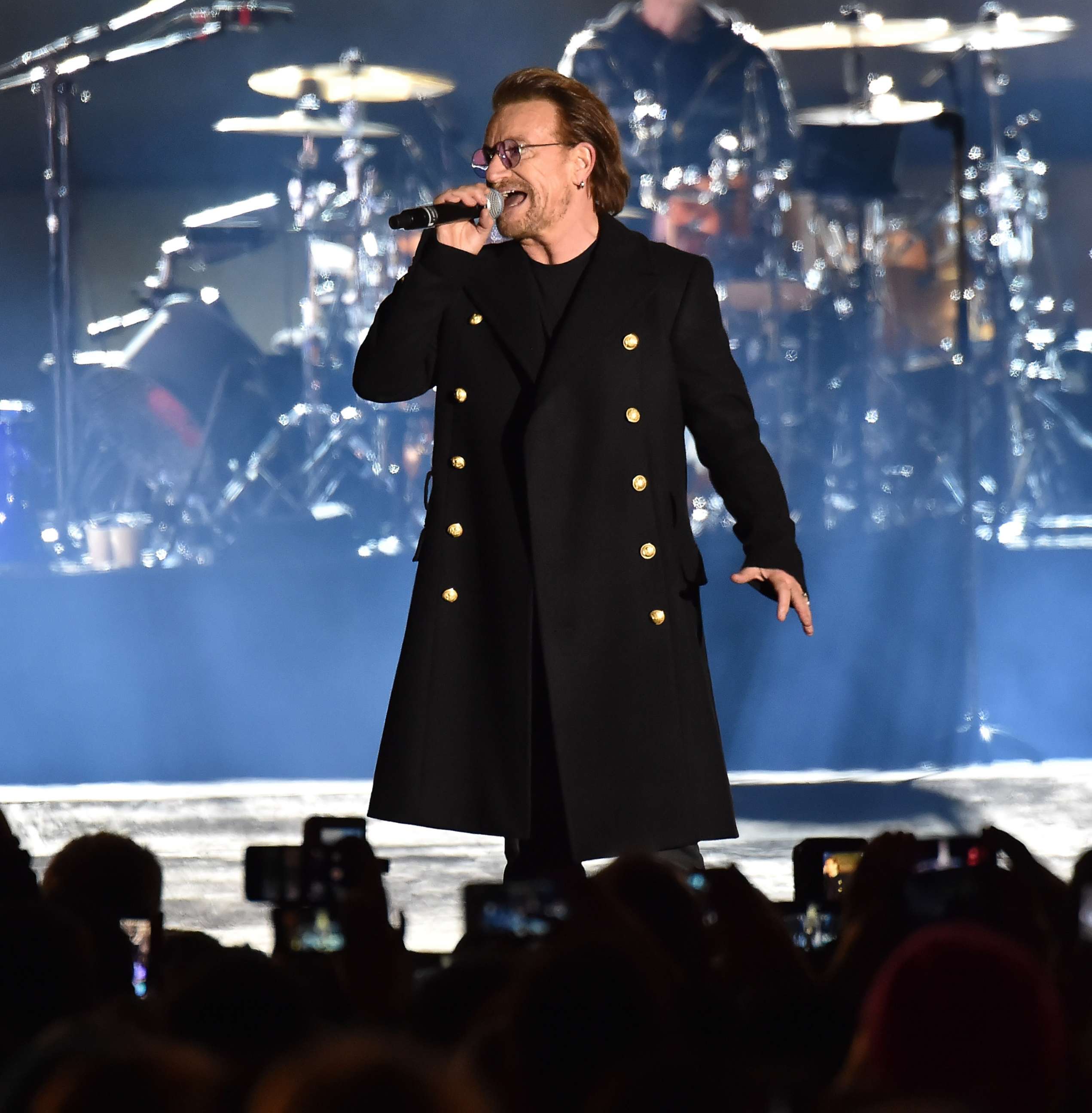 PHOTO: Bono of U2 performs during the World Stage event as part of the MTV EMAs 2017 at Trafalgar Square, Nov. 11, 2017, in London.
