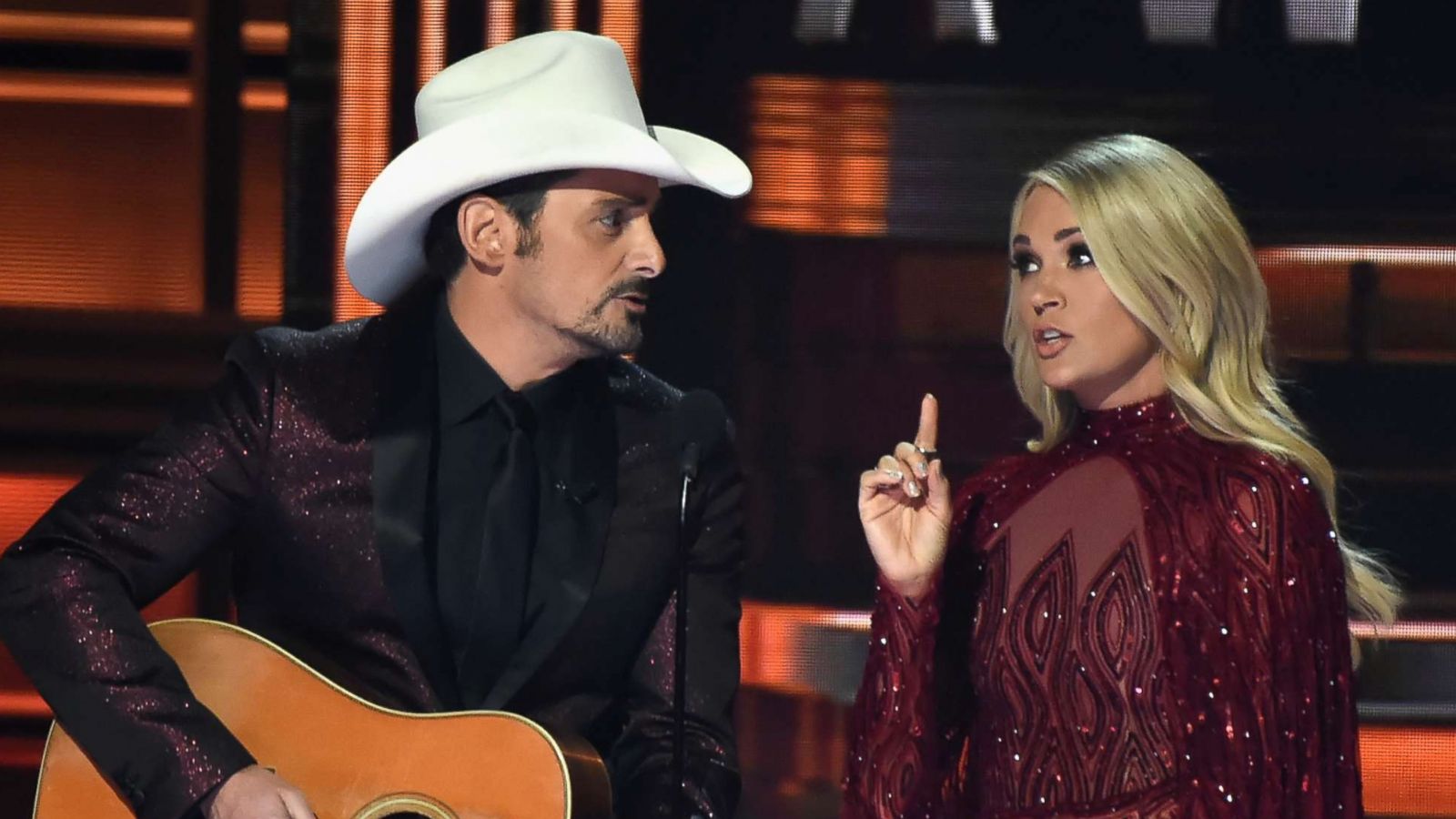 PHOTO: Co-hosts Brad Paisley and Carrie Underwood speak onstage at the 51st annual CMA Awards at the Bridgestone Arena on Nov. 8, 2017 in Nashville, Tenn.