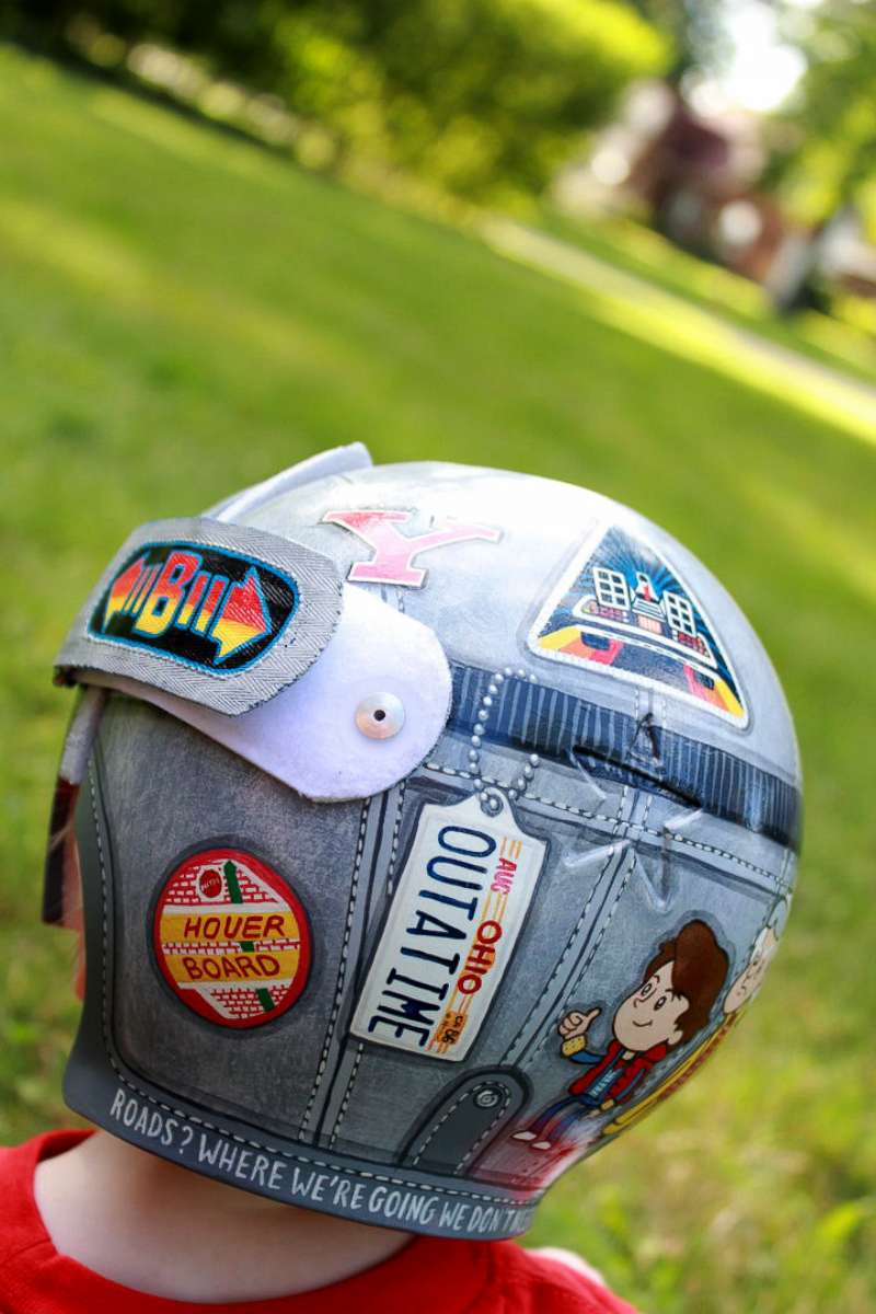 PHOTO: 7-month-old Brendan Davis, who was diagnosed with plagiocephaly, wears a "Back to the Future"-themed helmet created by Paula Strawn.