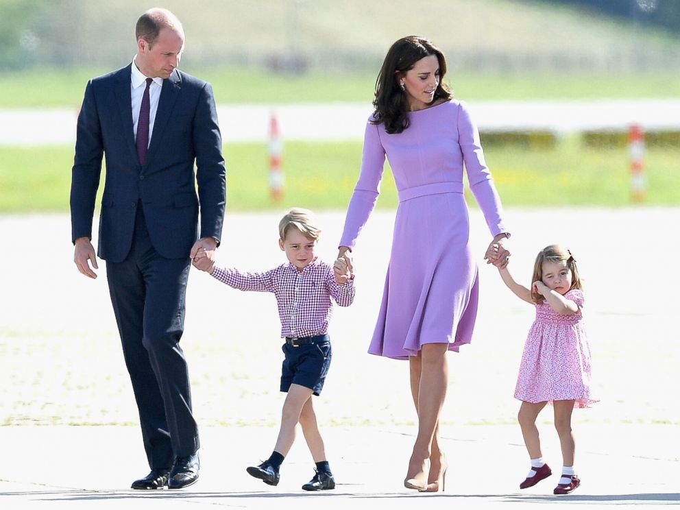 PHOTO: Prince William, Duke of Cambridge, Catherine, Duchess of Cambridge, Prince George of Cambridge and Princess Charlotte of Cambridge view helicopter models H145 and H135, July 21, 2017 in Hamburg, Germany.