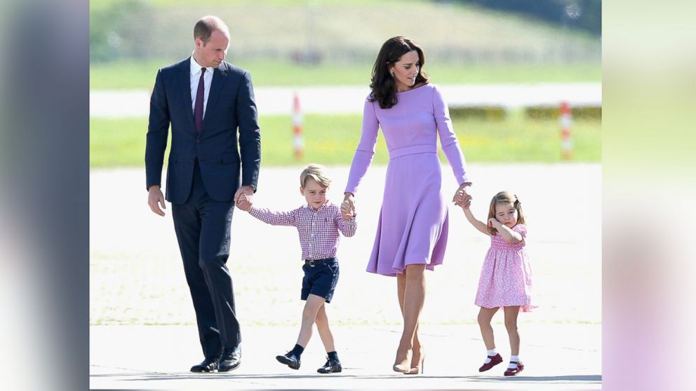 PHOTO: Prince William, Duke of Cambridge, Catherine, Duchess of Cambridge, Prince George of Cambridge and Princess Charlotte of Cambridge view helicopter models H145 and H135, July 21, 2017 in Hamburg, Germany.