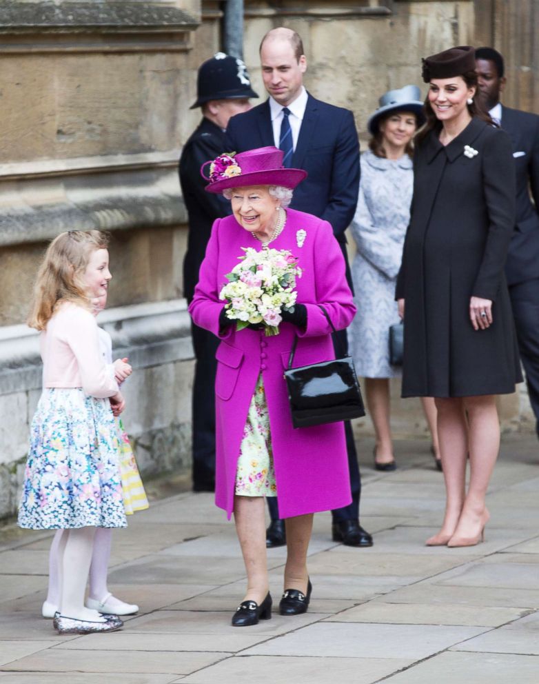 PHOTO: Britain's Queen Elizabeth II, with Prince William and Kate, Duchess of Cambridge, leave the annual Easter Sunday service at St George's Chapel at Windsor Castle in Windsor, England, Sunday April 1, 2018.