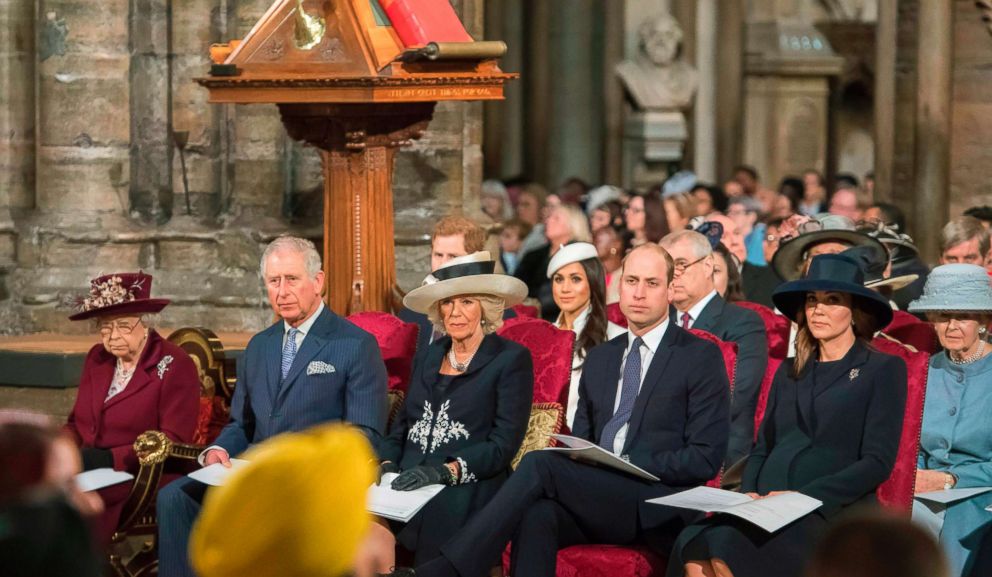 From left, Britain's Queen Elizabeth II, Prince Charles, Camilla, Duchess of Cornwall, Prince William, Duke of Cambridge, and Catherine, Duchess of Cambridge attend a Commonwealth Day Service at Westminster Abbey in central London on March 12, 2018. 