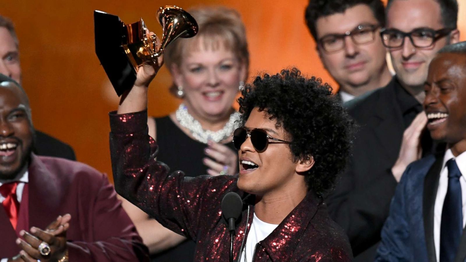 PHOTO: Bruno Mars accepts Album of the Year for '24K Magic' with production team onstage during the 60th Annual GRAMMY Awards at Madison Square Garden, Jan. 28, 2018, in New York City.