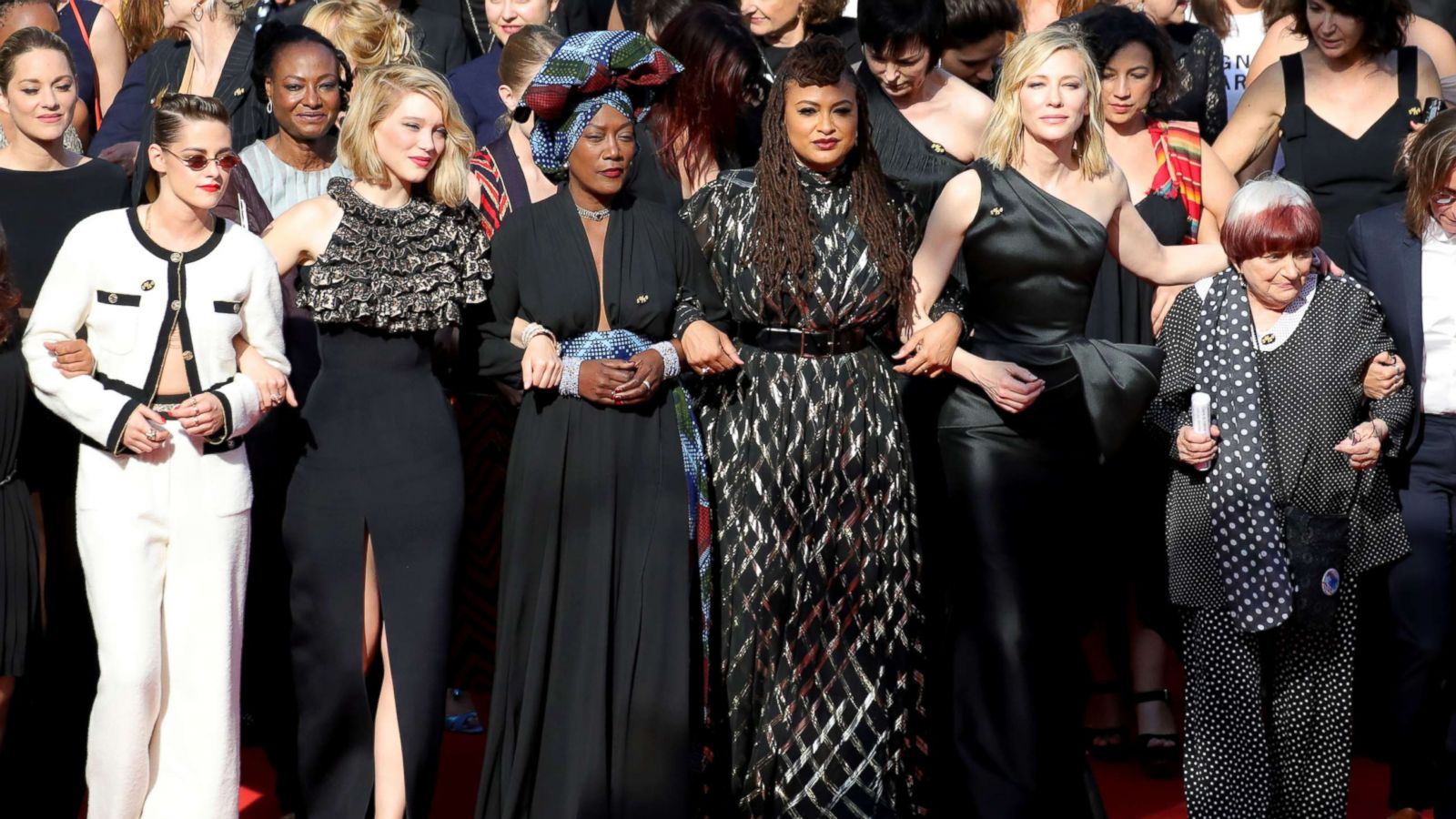 PHOTO: Kirsten Stewart, Lea Seydoux, Khadja Nin, Ava DuVernay and Cate Blanchett walk the red carpet in protest of the lack of female filmmakers at the screening of "Girls Of The Sun at Cannes Film Festival, May 12, 2018 in Cannes.