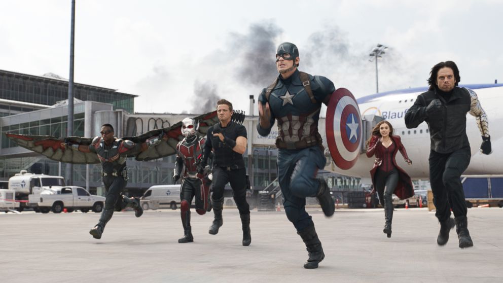 PHOTO: Anthony Mackie, from left,  Paul Rudd, Jeremy Renner, Chris Evans, Elizabeth Olsen and Sebastian Stan appear in a scene from "Captain America: Civil War."