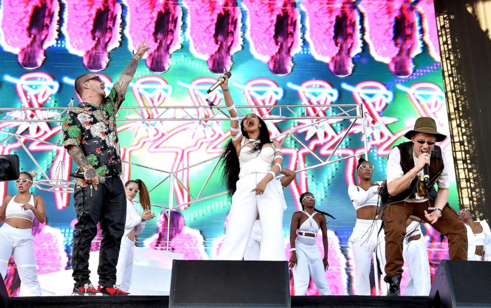 PHOTO: From Left, Balvin, Cardi B, and Bad Bunny perform during the 2018 Coachella Valley Music And Arts Festival on April 22, 2018, in Indio, Calif.