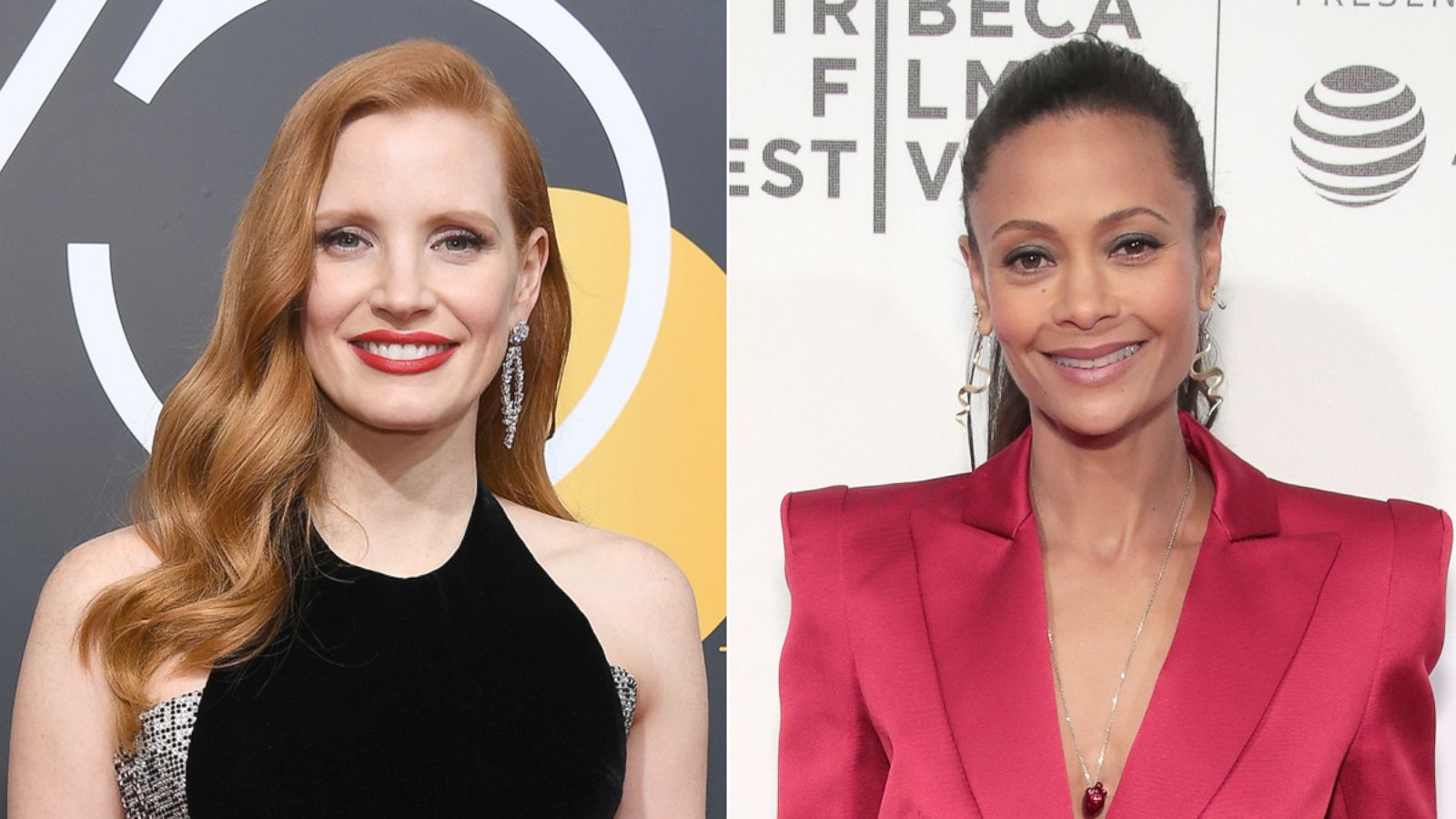 PHOTO: Actor Jessica Chastain arrives to the 75th Annual Golden Globe Awards, Jan. 7, 2018, in Beverly Hills, Calif. | Thandie Newton attends the premiere of "Westworld" during the 2018 Tribeca Film Festival, April 19, 2018, in New York City.