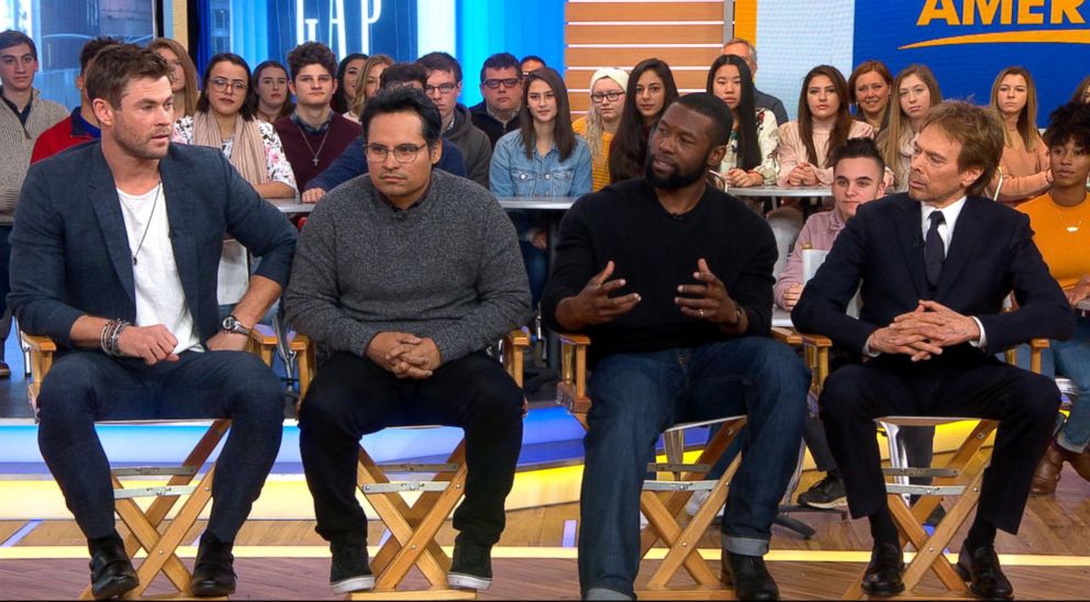 PHOTO: Co-stars Chris Hemsworth, Michael Pena, Trevante Rhodes and producer Jerry Bruckheimer discussed their new movie "12 Strong" on "Good Morning America," Jan. 15, 2018.