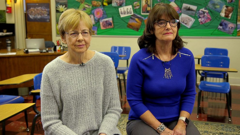 PHOTO: Christine Knudsen, who taught one of Megan Markle's senior elective classes, and pictured on the right, Maria Pollia, Markle's theology teacher, discuss what Markle was like in school.