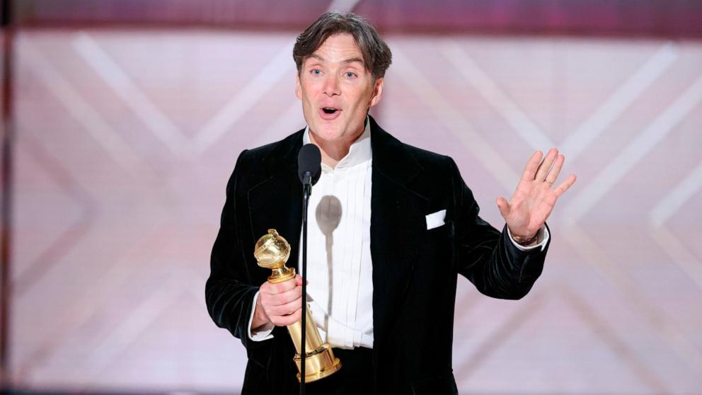 PHOTO: Cillian Murphy accepts the award for Best Performance by a Male Actor in a Motion Picture Drama for "Oppenheimer" at the 81st Golden Globe Awards, Jan. 7, 2024 in Beverly Hills.