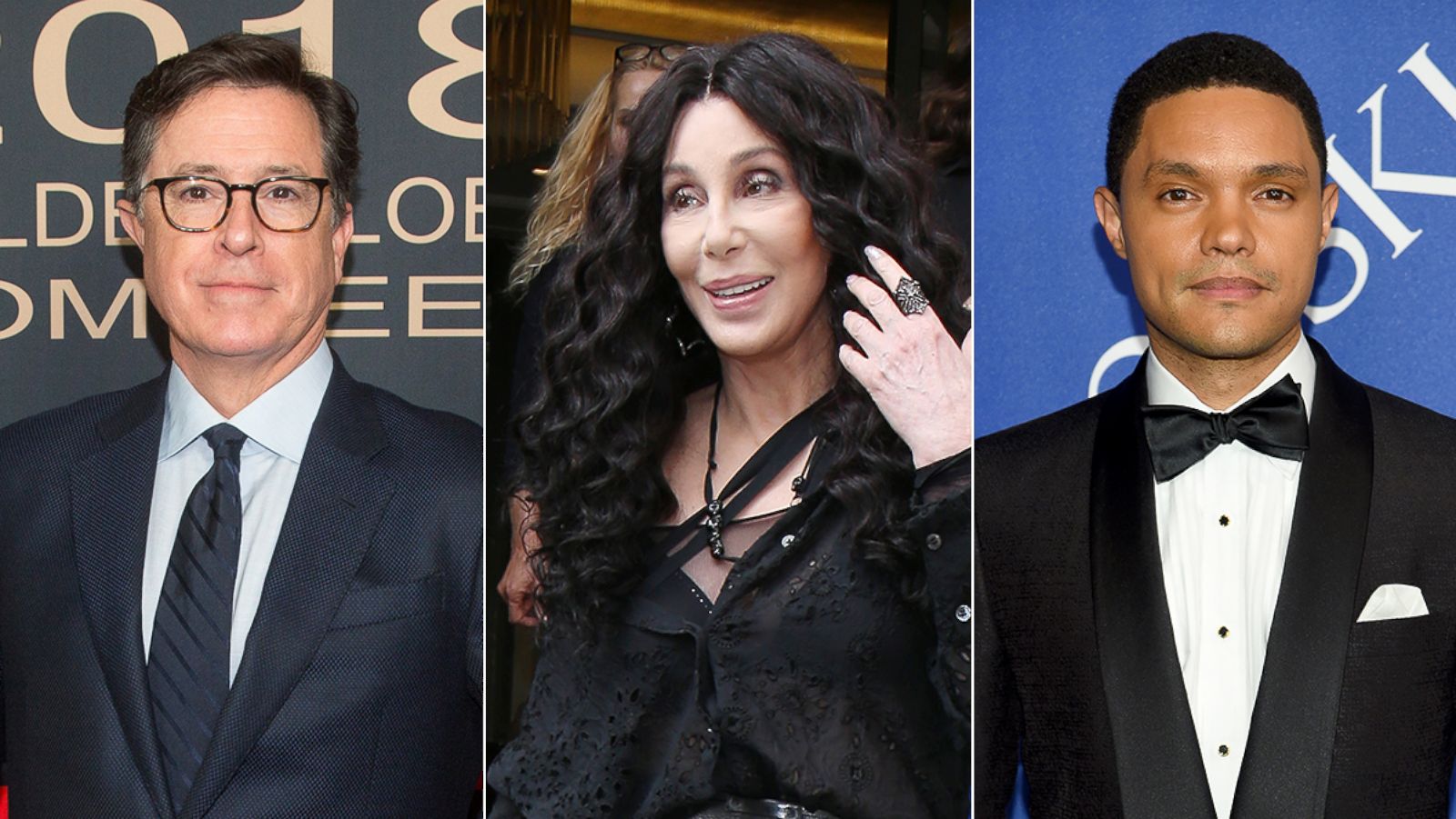 PHOTO: Stephen Colbert, left, Cher, and Trevor Noah respond to the retirement of Justice Kennedy.