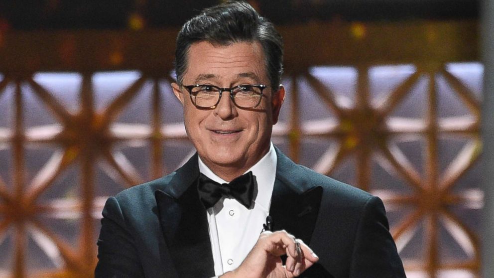Host Stephen Colbert speaks at the 69th Primetime Emmy Awards on Sept. 17, 2017, at the Microsoft Theater in Los Angeles.