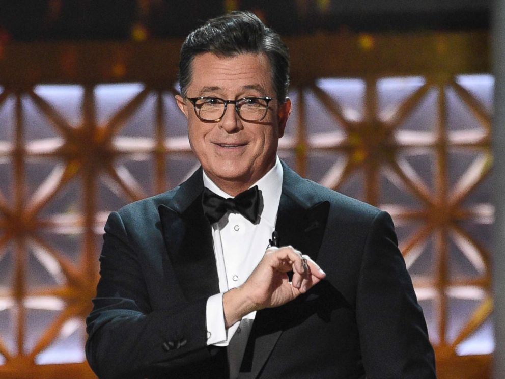 PHOTO: Host Stephen Colbert speaks at the 69th Primetime Emmy Awards on Sept. 17, 2017, at the Microsoft Theater in Los Angeles.