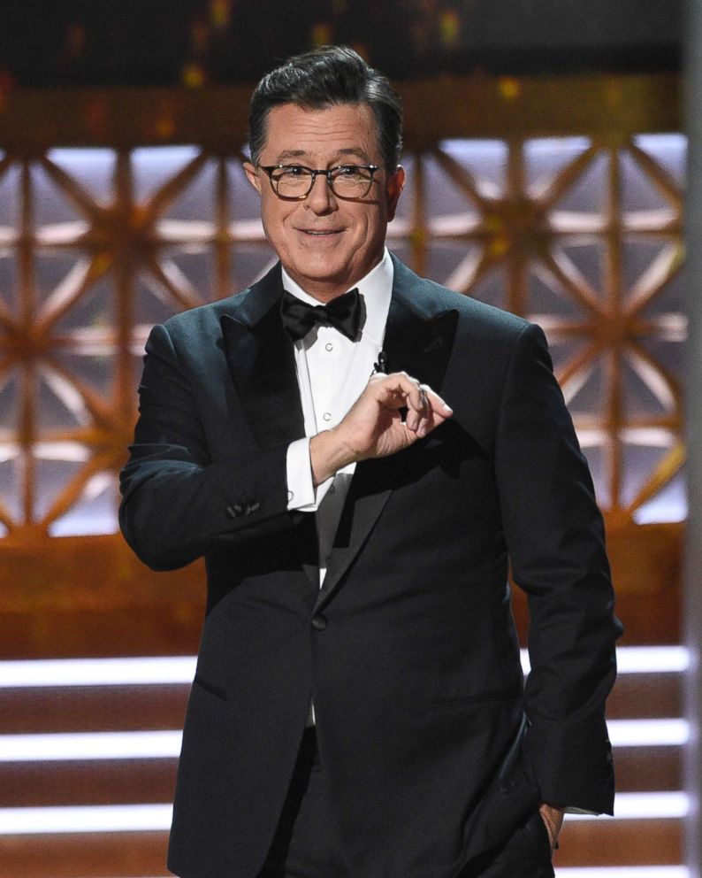 PHOTO: Host Stephen Colbert speaks at the 69th Primetime Emmy Awards on Sept. 17, 2017, at the Microsoft Theater in Los Angeles.
